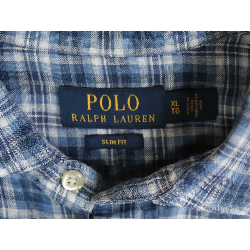 Polo Ralph Lauren Linen Shirt Mens XL Slim Fit Blue Plaid Button Front Preppy
